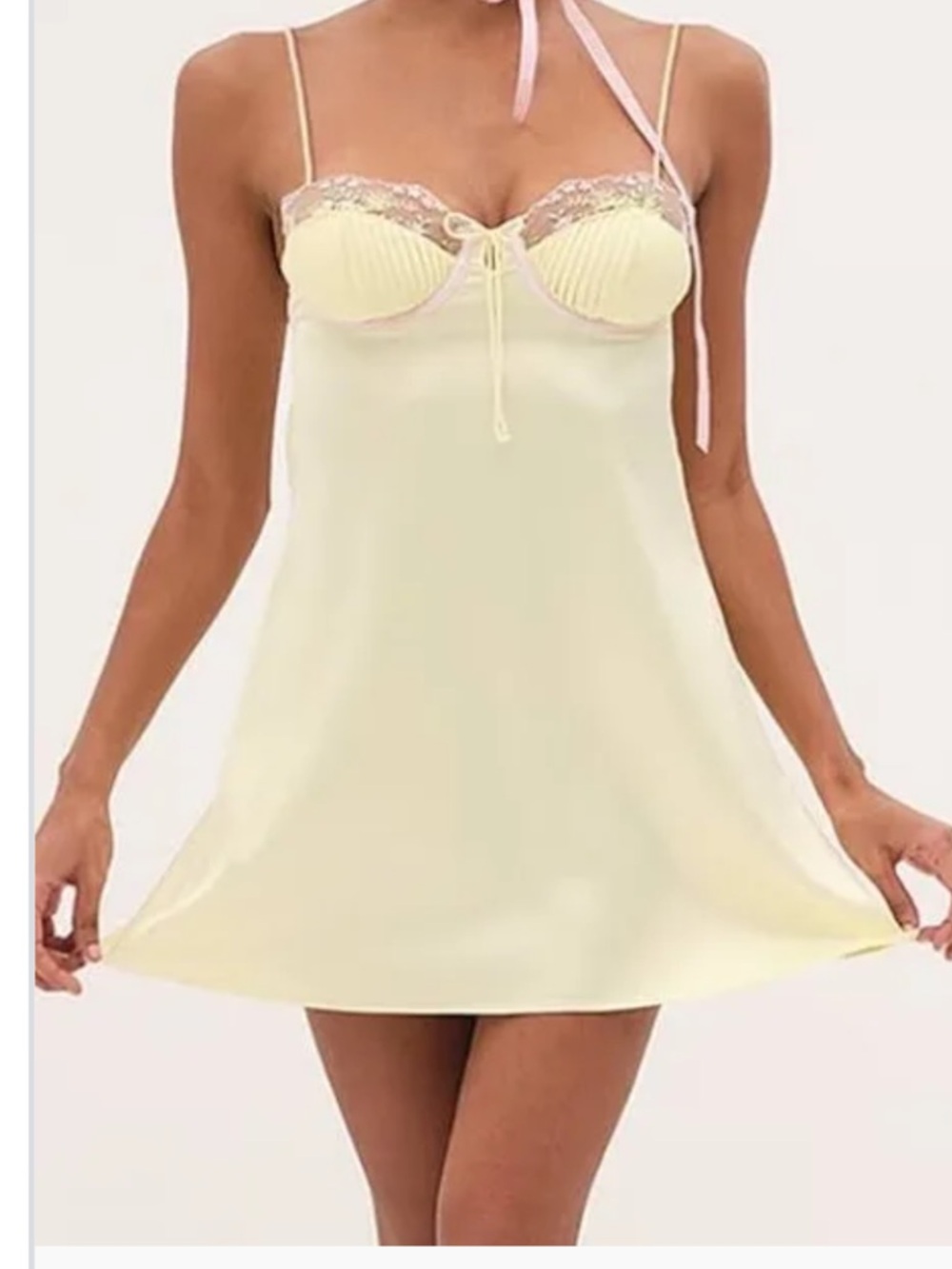 For Love & Lemons Pale Yellow Lace-Trim Slip Mini Dress